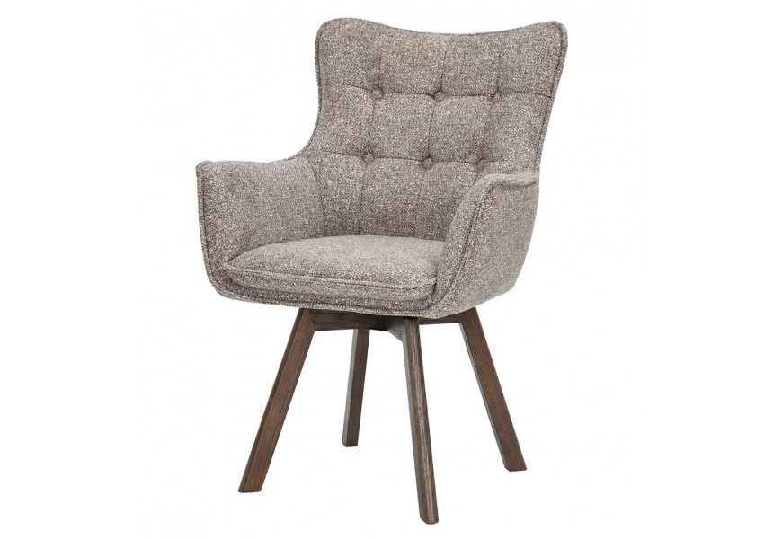 Moderná dizajnová otočná jedálenská stolička Herold typu ušiak potiahnuté v sivej melírovanej textílii s opierkami na ruky s hranatými nožičkami z dubového dreva v tmavo hnedej farbe