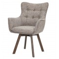 Moderná dizajnová otočná jedálenská stolička Herold typu ušiak potiahnuté v sivej melírovanej textílii s opierkami na ruky s hranatými nožičkami z dubového dreva v tmavo hnedej farbe