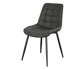 Moderná dizajnová tmavá sivá jedálenská stolička Moritz s poťahom z ekokože s dekoratívnym prešívaním so vzorom štvorcov so šikmými kovovými nohami v matnej čiernej farbe