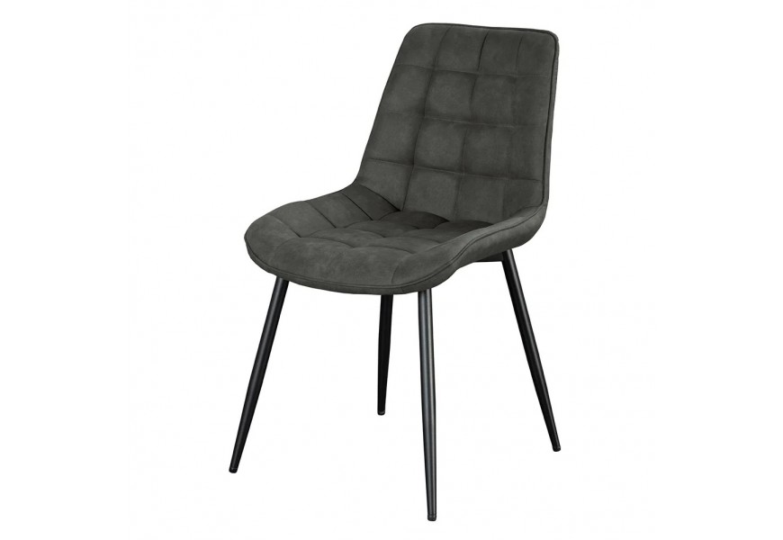 Moderná dizajnová tmavá sivá jedálenská stolička Moritz s poťahom z ekokože s dekoratívnym prešívaním so vzorom štvorcov so šikmými kovovými nohami v matnej čiernej farbe