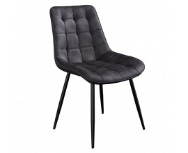 Dizajnová industriálna čalúnená jedálenská stolička Moritz so zamatovým poťahom s prešívaným štvorcovým vzorom v tmavej sivej farbe s nožičkami z kovu v matnom čiernom prevedení