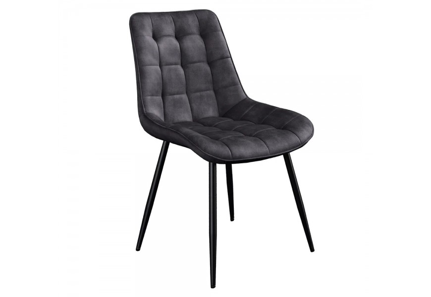 Dizajnová industriálna čalúnená jedálenská stolička Moritz so zamatovým poťahom s prešívaným štvorcovým vzorom v tmavej sivej farbe s nožičkami z kovu v matnom čiernom prevedení