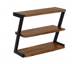 Dizajnový industriálny obdĺžnikový trojúrovňový stojan na topánky z masívneho akáciového dreva v medovej hnedej farbe s tromi poličkami s kovovou konštrukciou v čiernej farbe