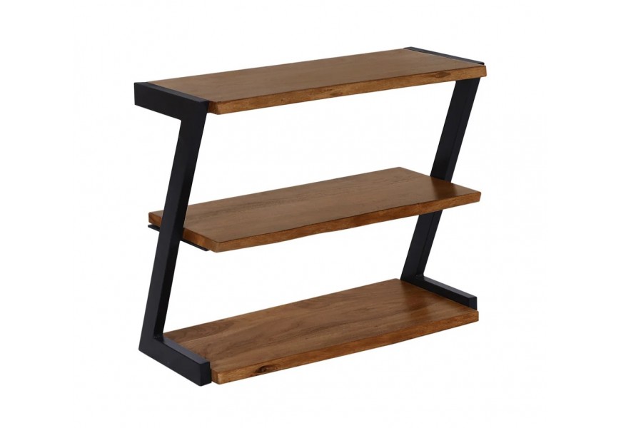 Dizajnový industriálny obdĺžnikový trojúrovňový stojan na topánky z masívneho akáciového dreva v medovej hnedej farbe s tromi poličkami s kovovou konštrukciou v čiernej farbe