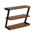 Dizajnový industriálny obdĺžnikový trojúrovňový stojan na topánky z masívneho akáciového dreva v medovej hnedej farbe s tromi poličkami s kovovou konštrukciou v čiernej farbe