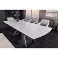 Luxusný rozkladací industriálny mramorový biely jedálenský stôl Marbleux s čiernymi kovovými nohami a oblými rohmi 230 cm