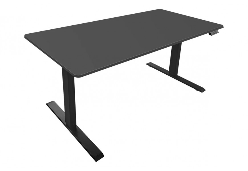 Moderný industriálny výškovo nastaviteľný písací stôl Vancouver s dvomi čiernymi kovovými nohami s lineárnou podstavou a obdĺžnikovou čiernou doskou s dyhy s melamínovým povrchom