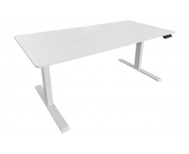 Dizajnový elektrický výškovo nastaviteľný biely písací stôl Vancouver s obdĺžnikovou vrchnou doskou so zaoblenými rohmi s melamínovej dyhy a dvomi kovovými nohami s lineárnou podstavou