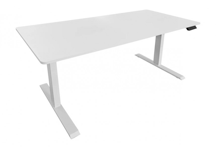 Dizajnový elektrický výškovo nastaviteľný biely písací stôl Vancouver s obdĺžnikovou vrchnou doskou so zaoblenými rohmi s melamínovej dyhy a dvomi kovovými nohami s lineárnou podstavou