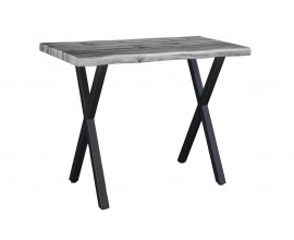 Dizajnový industriálny sivý obdĺžnikový barový stôl Wild so zachovanou kresbou dreva s kovovými prekríženými nožičkami v čiernej farbe