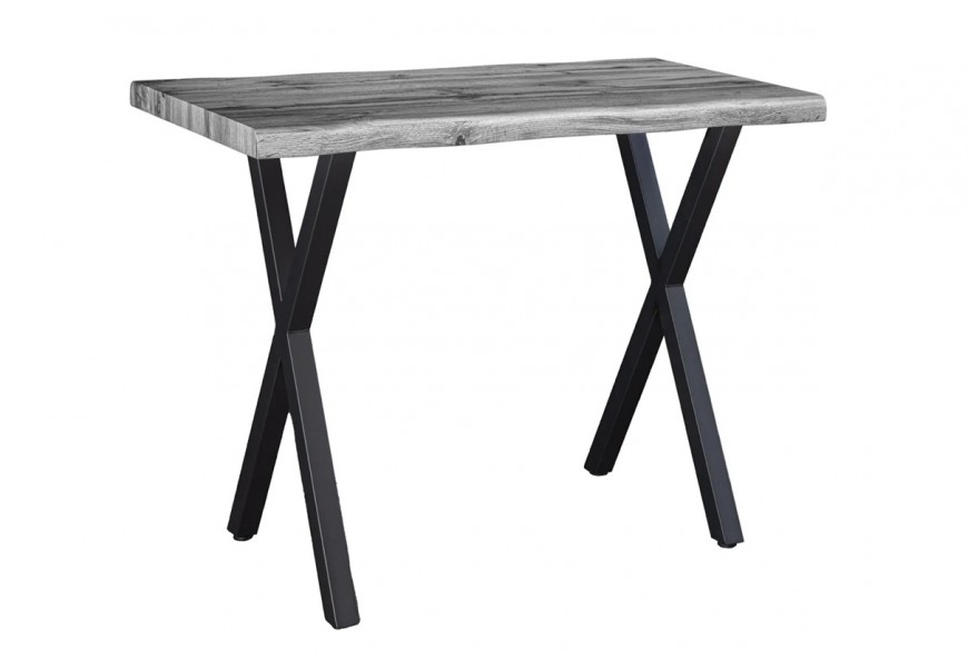 Dizajnový industriálny sivý obdĺžnikový barový stôl Wild so zachovanou kresbou dreva s kovovými prekríženými nožičkami v čiernej farbe