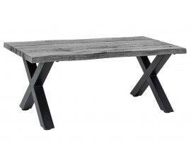 Industriálny čierny obdĺžnikový konferenčný stolík Wild s drevenou vrchnou doskou so zachovanou kresbou dreva s prekríženými nožičkami z kovu v čiernej farbe