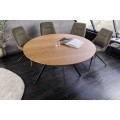 Moderný industriálny okrúhly jedálenský stôl Maderia s melamínovou doskou s hnedým dubovým dizajnom a čiernymi nohami 120 cm