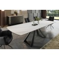 Luxusná moderná jedálenská zostava Marbleux s mramorovým rozkladacím stolom a čiernymi koženými stoličkami 