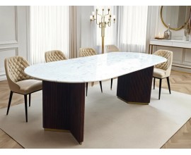 Art deco oválny jedálenský stôl Gatsby s bielou mramorovou vrchnou doskou a drevenými nožičkami 240 cm