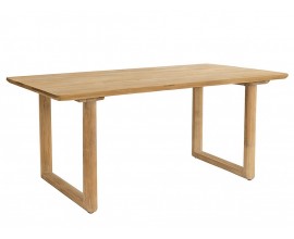 Luxusný škandinávsky jedálenský stôl Riga s obdĺžnikovou vrchnou doskou so zaoblenými rohmi a rámovými nohami v tvare U z masívneho teakového dreva v naturálnej svetlej hnedej farbe s prirodzenou kresbou letokruhov