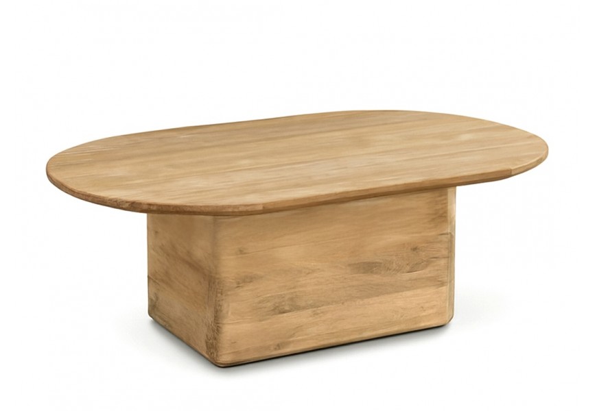 Luxusný moderný konferenčný stolík Riga z masívneho teakového dreva v svetlej hnedej farbe s prirodzenou kresbou letokruhov s oválnou vrchnou doskou a mohutnou hranatou nohou so zaoblenými rohmi
