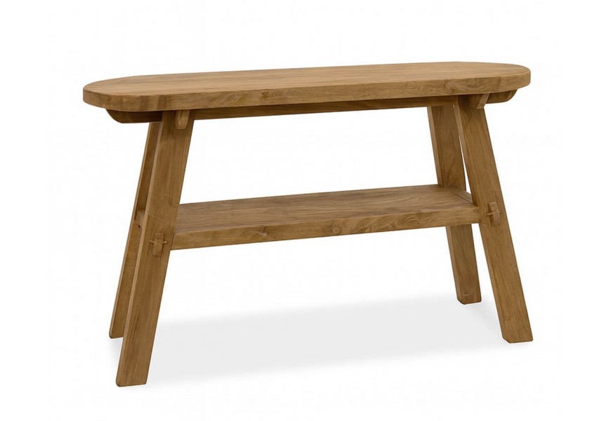 Luxusný masívny konzolový stolík Shetland s oválnou vrchnou doskou a obdĺžnikovou policou s mohutnými šikmými hranolovými nohami z teakového dreva v teplej hnedej naturálnej farbe