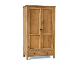 Luxusná vintage masívna šatníková skriňa Granaire z teakového dreva v svetlej hnedej farbe s rustikálnou povrchovou úpravou s dvomi zásuvkami a dvojitými dverami s tmavými kovovými úchytkami