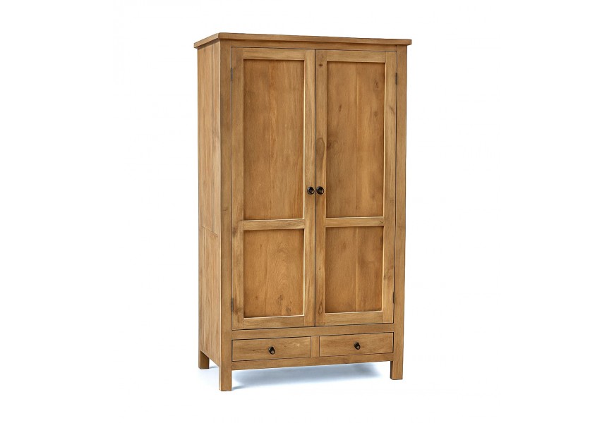 Luxusná vintage masívna šatníková skriňa Granaire z teakového dreva v svetlej hnedej farbe s rustikálnou povrchovou úpravou s dvomi zásuvkami a dvojitými dverami s tmavými kovovými úchytkami