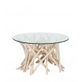 Luxusný dizajnový masívny konferenčný stolík Enteo s priehľadnou okrúhlou vrchnou doskou z bezpečnostného skla a organickou podstavou s asymetricky usporiadanými vetvami bieleného teakového dreva v krémovej farbe
