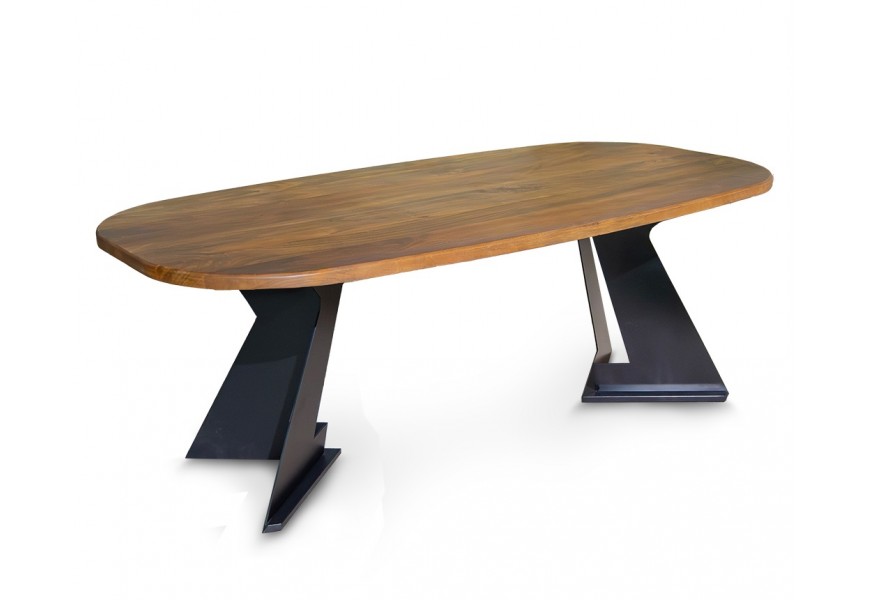 Luxusný dizajnový masívny jedálenský stôl Treviso s oválnou vrchnou doskou z mangového dreva v naturálnej medovej hnedej farbe s výraznou kresbou letokruhov s dvomi nohami z kovu v čiernej farbe s pôdorysom v tvare V