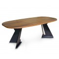 Luxusný dizajnový masívny jedálenský stôl Treviso s oválnou vrchnou doskou z mangového dreva v naturálnej medovej hnedej farbe s výraznou kresbou letokruhov s dvomi nohami z kovu v čiernej farbe s pôdorysom v tvare V