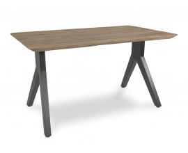 Luxusný moderný jedálenský stôl Jersey s obdĺžnikovou doskou so zaoblenými rohmi z masívneho teakového dreva v teplej hnedej farbe s dvomi nohami z kovu v čiernej farbe v tvare obráteného Y