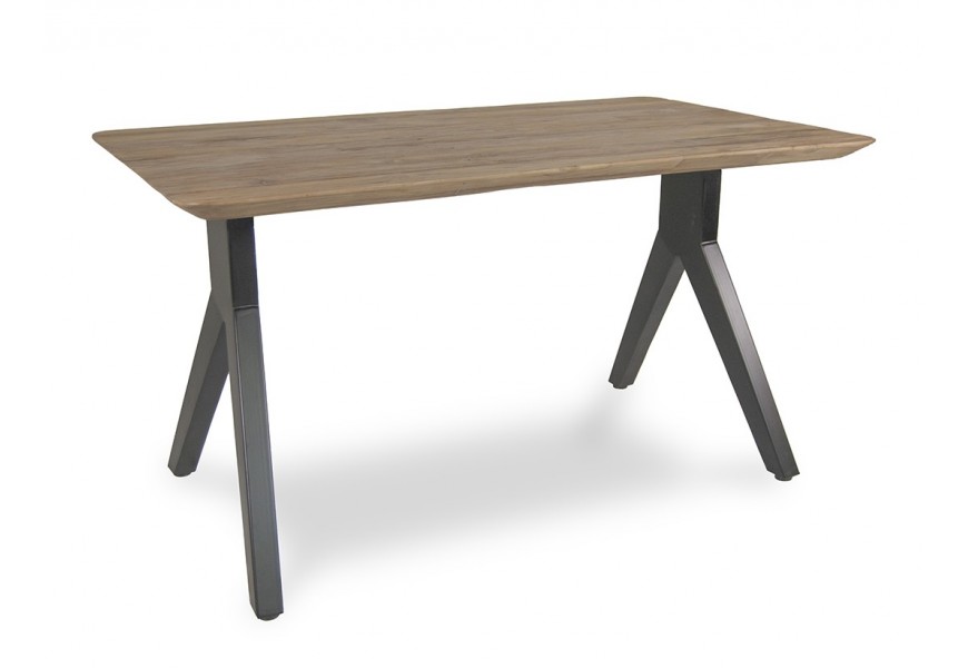 Luxusný moderný jedálenský stôl Jersey s obdĺžnikovou doskou so zaoblenými rohmi z masívneho teakového dreva v teplej hnedej farbe s dvomi nohami z kovu v čiernej farbe v tvare obráteného Y