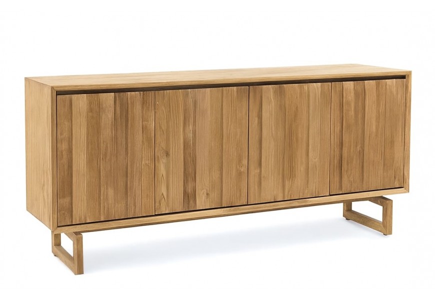 Luxusný moderný vidiecky štvordverový príborník Paschal v naturálnej svetlej hnedej farbe z masívneho teakového dreva s lineárnou siluetou a rámovými nožičkami v tvare obdĺžnika