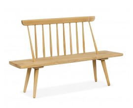 Dizajnová moderná lavica Hiberto z masívneho teakového dreva v naturálnej svetlej hnedej farbe s obdĺžnikovým sedadlom opierkou s vertikálnymi výplňami