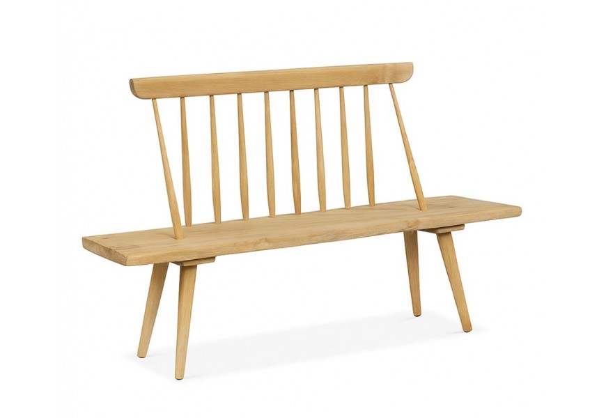 Dizajnová moderná lavica Hiberto z masívneho teakového dreva v naturálnej svetlej hnedej farbe s obdĺžnikovým sedadlom opierkou s vertikálnymi výplňami