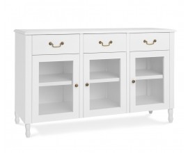 Luxusný vintage trojdverový príborník Berkshire s tromi zásuvkami a priehľadnými sklenenými dvierkami s bielym lakovaním a úchytkami v starožitnej zlatej farbe s okrúhlymi nožičkami s dizajnom sústruženého dreva