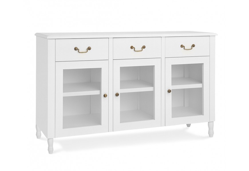 Luxusný vintage trojdverový príborník Berkshire s tromi zásuvkami a priehľadnými sklenenými dvierkami s bielym lakovaním a úchytkami v starožitnej zlatej farbe s okrúhlymi nožičkami s dizajnom sústruženého dreva