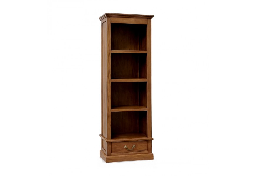 Luxusná klasická masívna knižnica Donelly z mahagónu v teplej hnedej farbe so štyrmi policami a zásuvkou v spodnej časti s visiacou úchytkou v tvare U z kovu v zlatej farbe