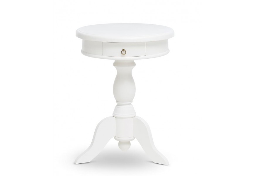 Luxusný klasický masívny mahagónový biely príručný stolík Mahani s okrúhlou vrchnou doskou s jednou zásuvkou s vyrezávanou nohou so štyrmi ramenami