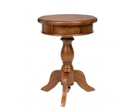 Luxusný klasický mahagónový masívny príručný stolík Mahani v hnedom prevedení s okrúhlou vrchnou doskou a zásuvkou s úchytkou z kovu v zlatej farbe s vyrezávanou nohou ukončenou štyrmi prehnutými ramenami