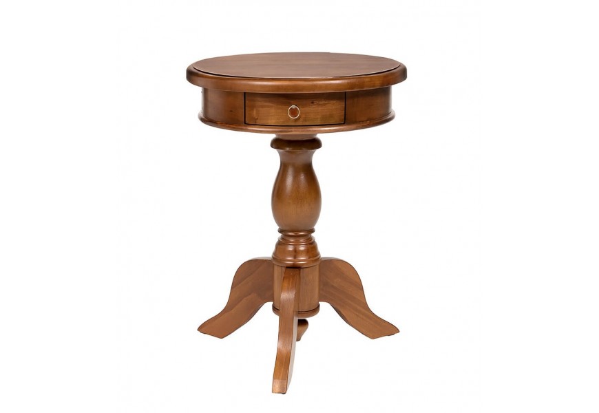 Luxusný klasický mahagónový masívny príručný stolík Mahani v hnedom prevedení s okrúhlou vrchnou doskou a zásuvkou s úchytkou z kovu v zlatej farbe s vyrezávanou nohou ukončenou štyrmi prehnutými ramenami