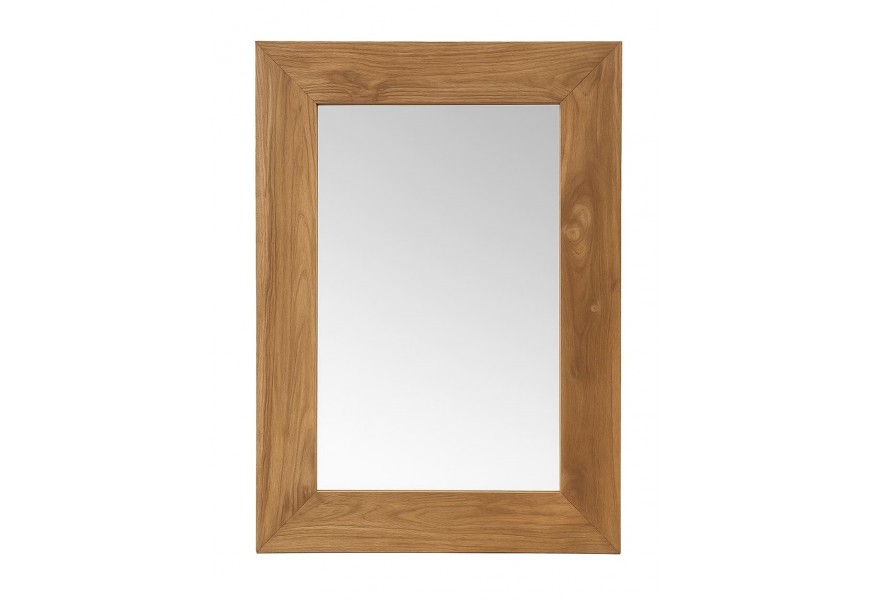 Masívne vidiecke nástenné obdĺžnikové zrkadlo Madero s robustným dreveným teakovým rámom v svetlohnedej farbe s prirodzenou jadrovou kresbou dreva a so 45-stupňovým spojením rohov
