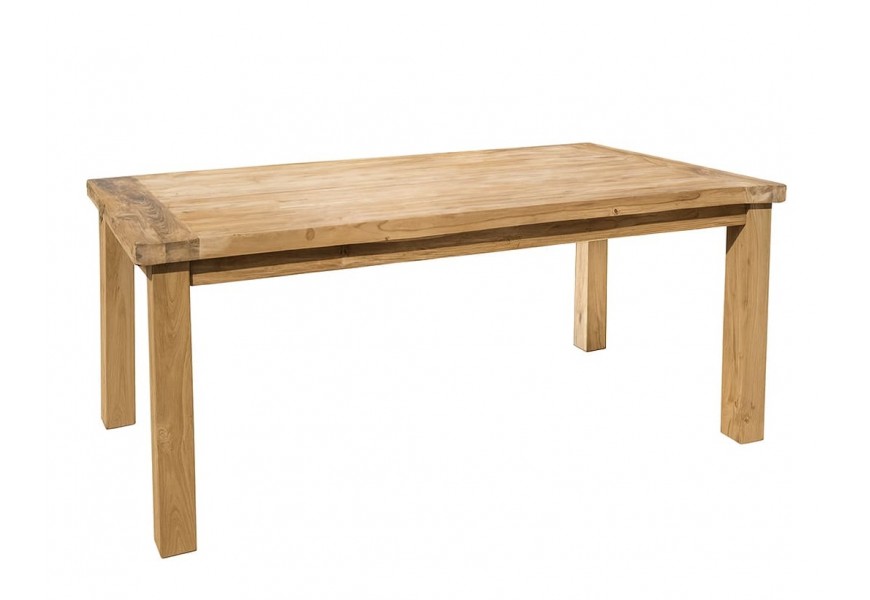 Masívny vidiecky obdĺžnikový jedálenský stôl Madero z recyklovaného teakového dreva svetlohnedej farby s masívnou vrchnou doskou a rovnými širokými nohami