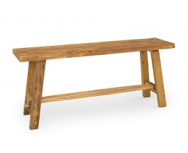 Vidiecka masívna obdĺžniková lavica Madero z teakového dreva v zlatohnedej farbe so skosenými pevnými nohami s priečnou doskou v strede a výraznou prírodnou štruktúrou dreva