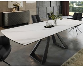 Luxusná moderná jedálenská zostava Marbleux s mramorovým rozkladacím stolom a čiernymi koženými stoličkami 