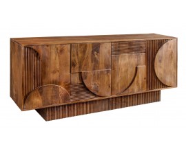 Masívny art deco štvordverový príborník Sonia z mangového dreva v naturálnej hnedej farbe s geometrickým reliéfom 170 cm