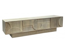 Moderný art deco svetlý hnedý TV stolík Sonia so štyrmi dvierkami s geometrickým reliéfom z bieleného mangového dreva 200 cm