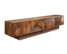 Dizajnový art deco štvordverový TV stolík Sonia s geometrickým reliéfom z masívneho mangového dreva v hnedej farbe 200 cm