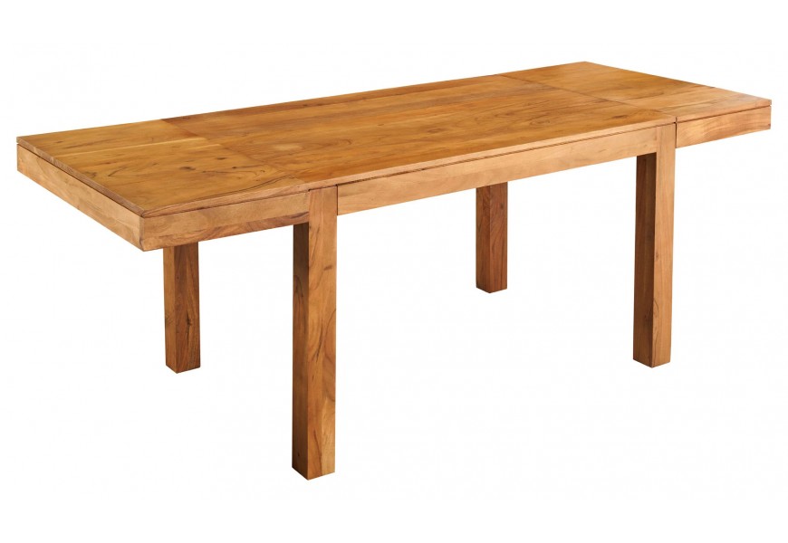 Vidiecky jedálenský stôl Mammut s obdĺžnikovou vrchnou doskou s dvomi rozkladacími panelmi z masívneho akáciového dreva v naturálnej svetlej hnedej farbe s priznanou kresbou letokruhov
