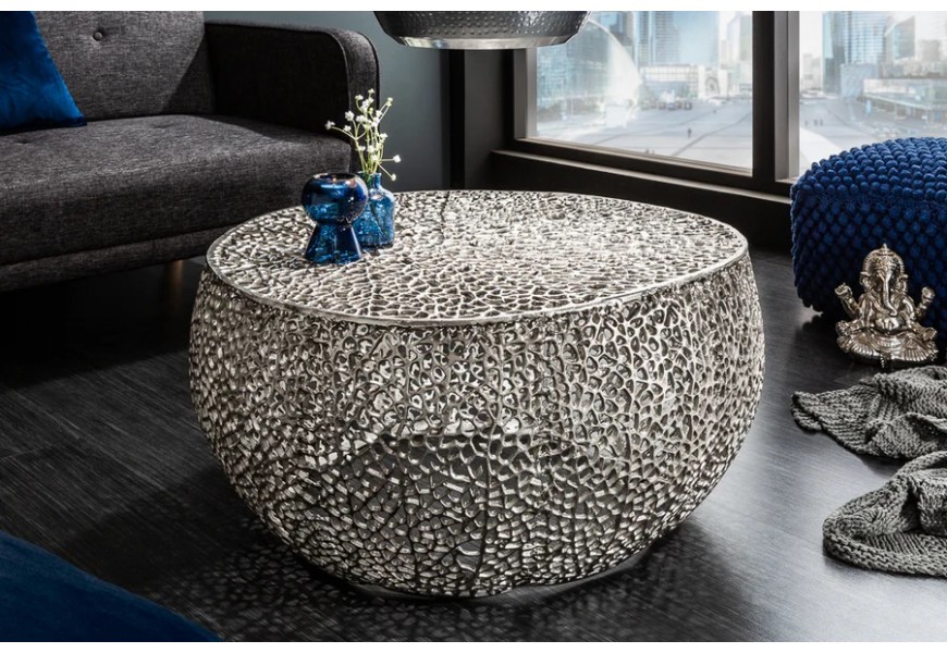 Moderný glamour kovový strieborný konferenčný stolík Hoja okrúhleho tvaru s dizajnom organickej bunkovej štruktúry listov