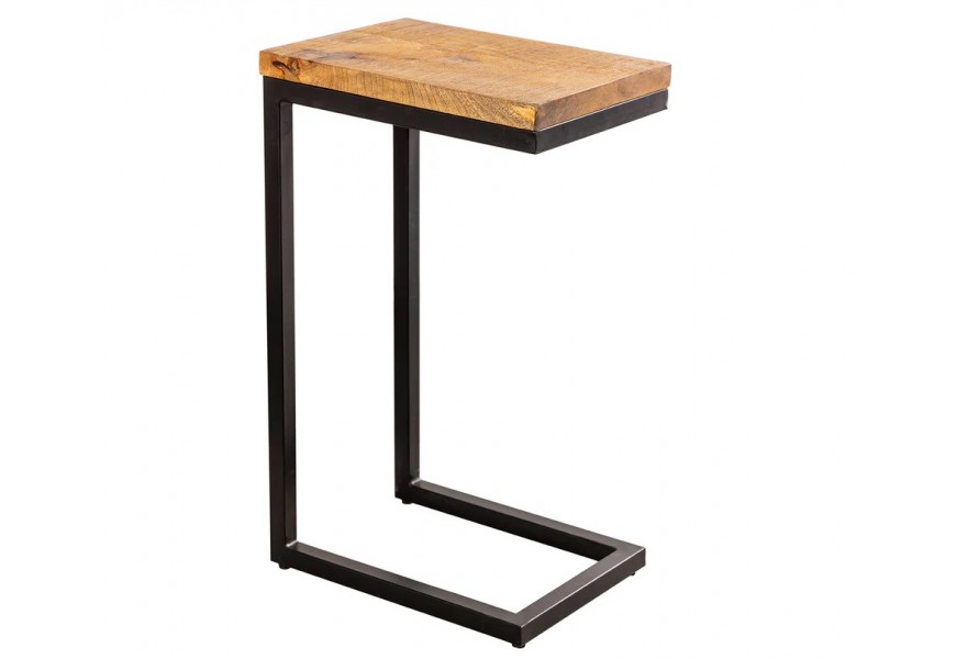 Industriálny obdĺžnikový príručný stolík Mango Natur s vrchnou doskou z mangového dreva v medovej hnedej farbe a kovovou čiernou konštrukciou