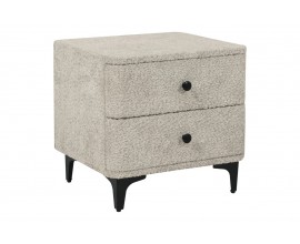 Dizajnový štvorcový art deco nočný stolík Lanc s poťahom z buklé v béžovej sivej farby s dvoma zásuvkami a čiernymi okrúhlymi úchytkami s kovovými čiernymi nožičkami