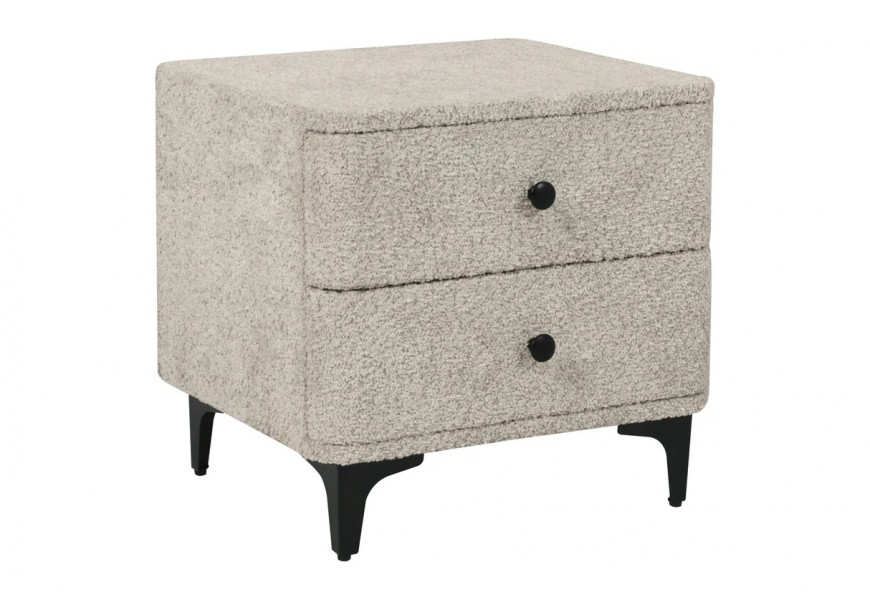 Dizajnový štvorcový art deco nočný stolík Lanc s poťahom z buklé v béžovej sivej farby s dvoma zásuvkami a čiernymi okrúhlymi úchytkami s kovovými čiernymi nožičkami